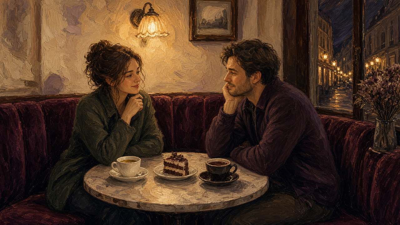 Une tisane, un chocolat, et une part de gâteau coupée de travers.