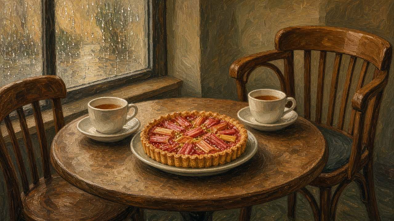 La tarte entre deux tasses, la pluie sur la vitre.